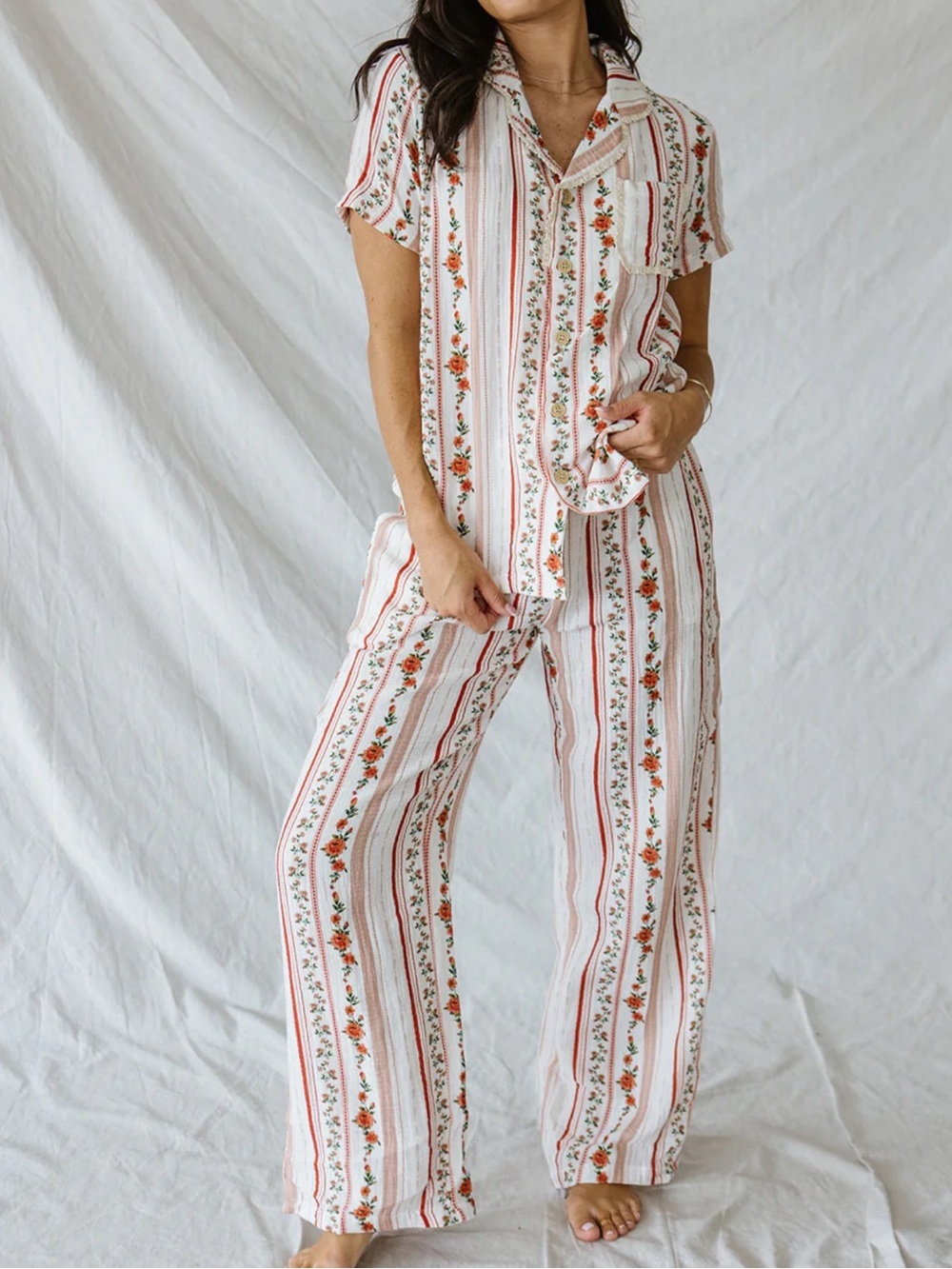 LATES BY KATE Bamboo pajamas Set Floral Stripe cottagecore w/pockets Size medium